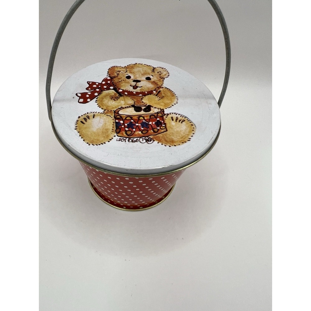 Vintage Teddy Bear Red Metal‎ Pail 1979 Enesco Lucy & Me Lucy Rigg Playing Drum